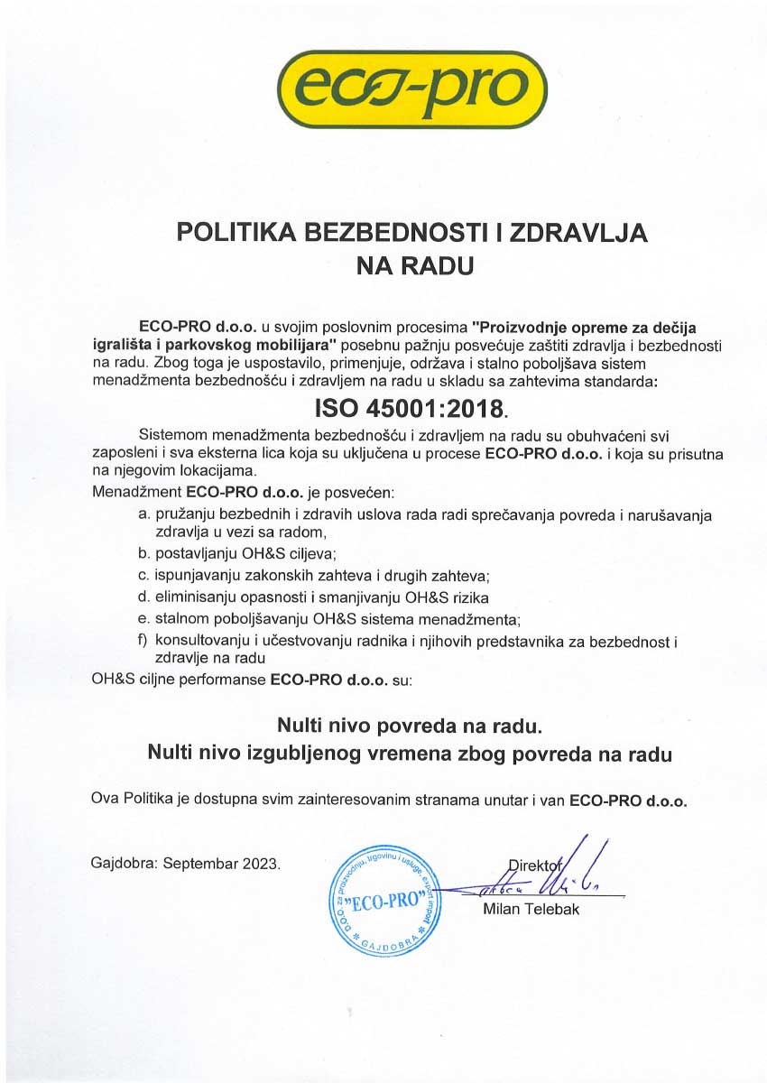 ECO-PRO - Politika bezbednosti i zdravlja na radu ISO 45001