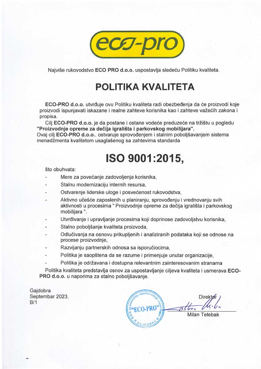 ECO-PRO - Politika kvaliteta ISO 9001