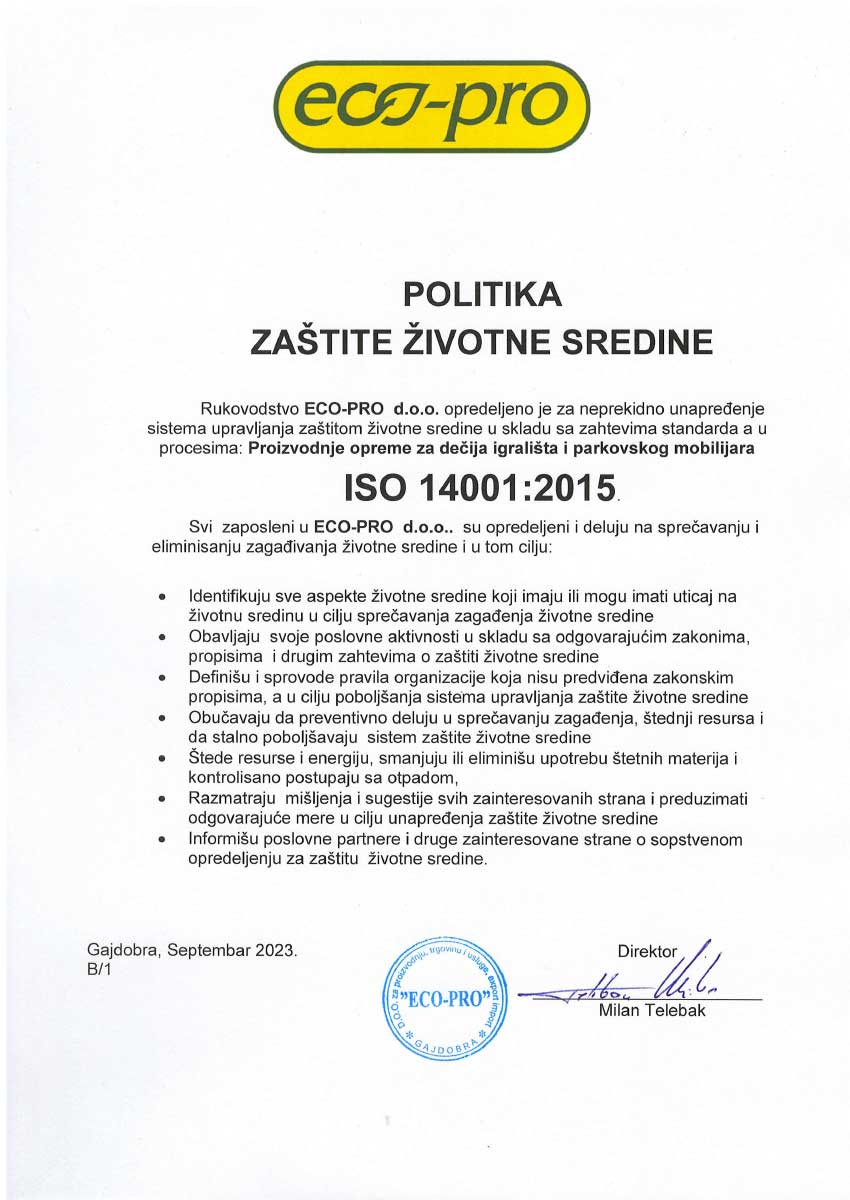 ECO-PRO - Politika zaštite životne sredine ISO 14001